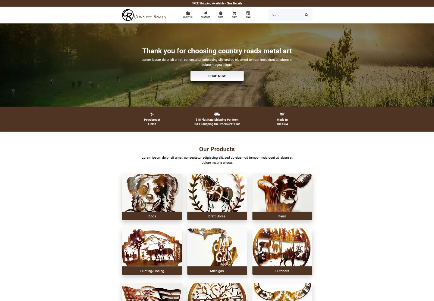 Screenshot of the Country Roads Metal Art website