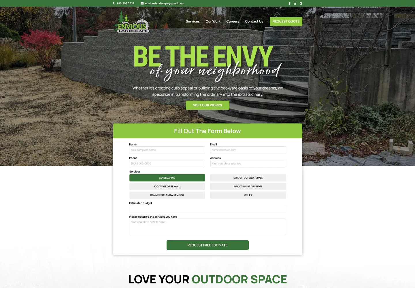 Screenshot of the Envious Landscape website
