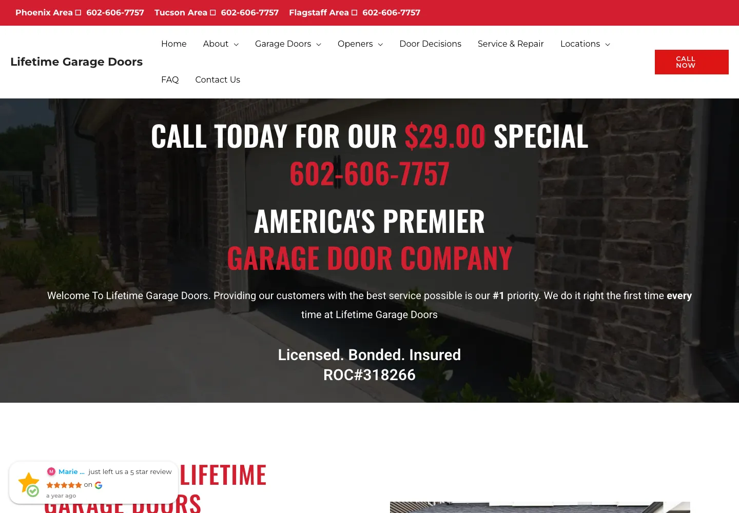 Screenshot of the Lifetime Garage Doors website
