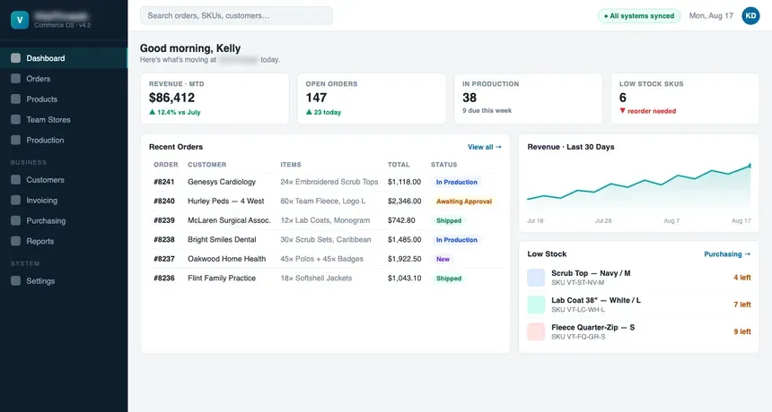 Screenshot of the medical apparel commerce platform interface