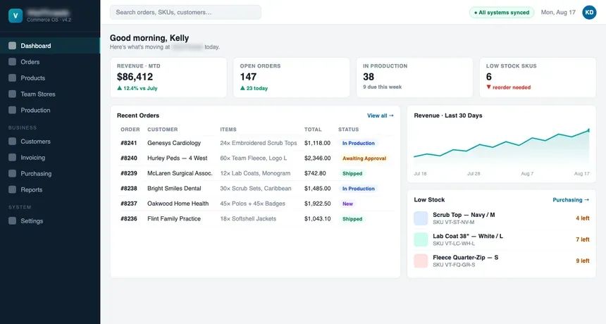 Screenshot of the medical apparel commerce platform interface